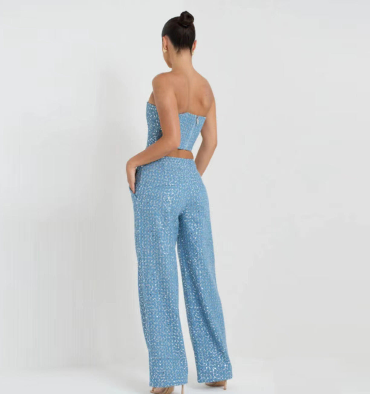 Fashion Denim Sequined Tube Top Wide Leg Pants Suit - Bellarte Enchanté Fashion Denim Sequined Tube Top Wide Leg Pants Suit